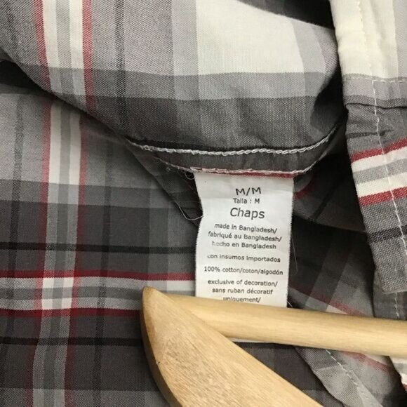 CHAPS men plaid button down shirt 100% lightweight cotton white grey red medium - Picture 5 of 10